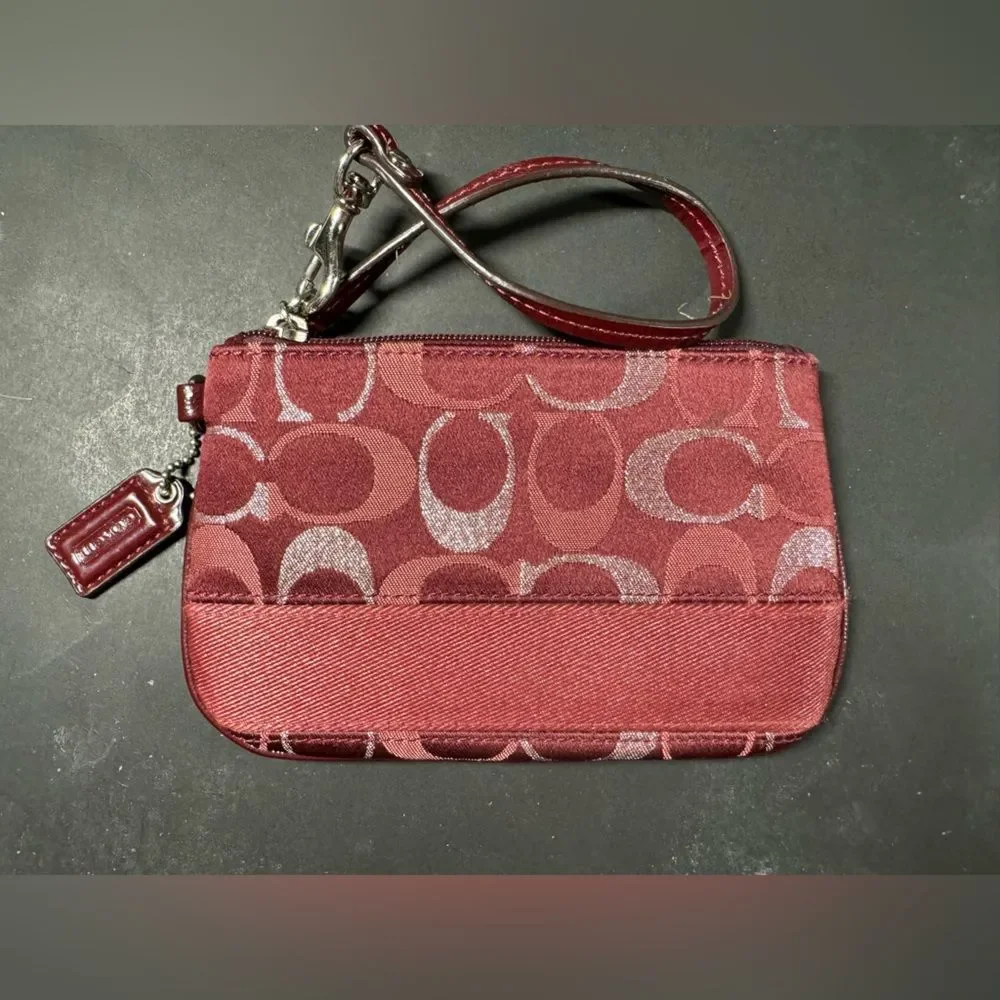 Coach Signature C Striped Wristlet 3 Color Wine Metallic Silver 47790 Burgundy - Picture 2 of 4